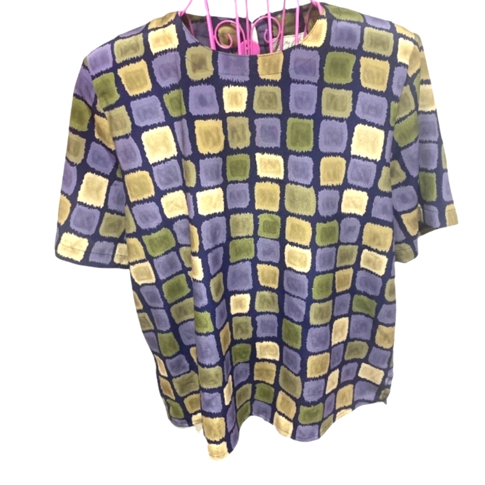 VINTAGE Kathy Che Blouse Multi Colored Block Print Size Large